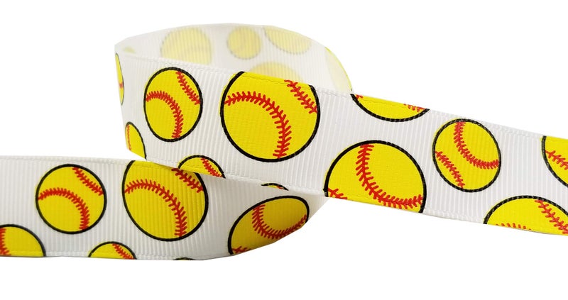 3/8"-1.5" Volleyball/Softball/Soccer Grosgrain Ribbon for Cheer Bows, Sewing (10yd 7/8" Softball White/Yellow)